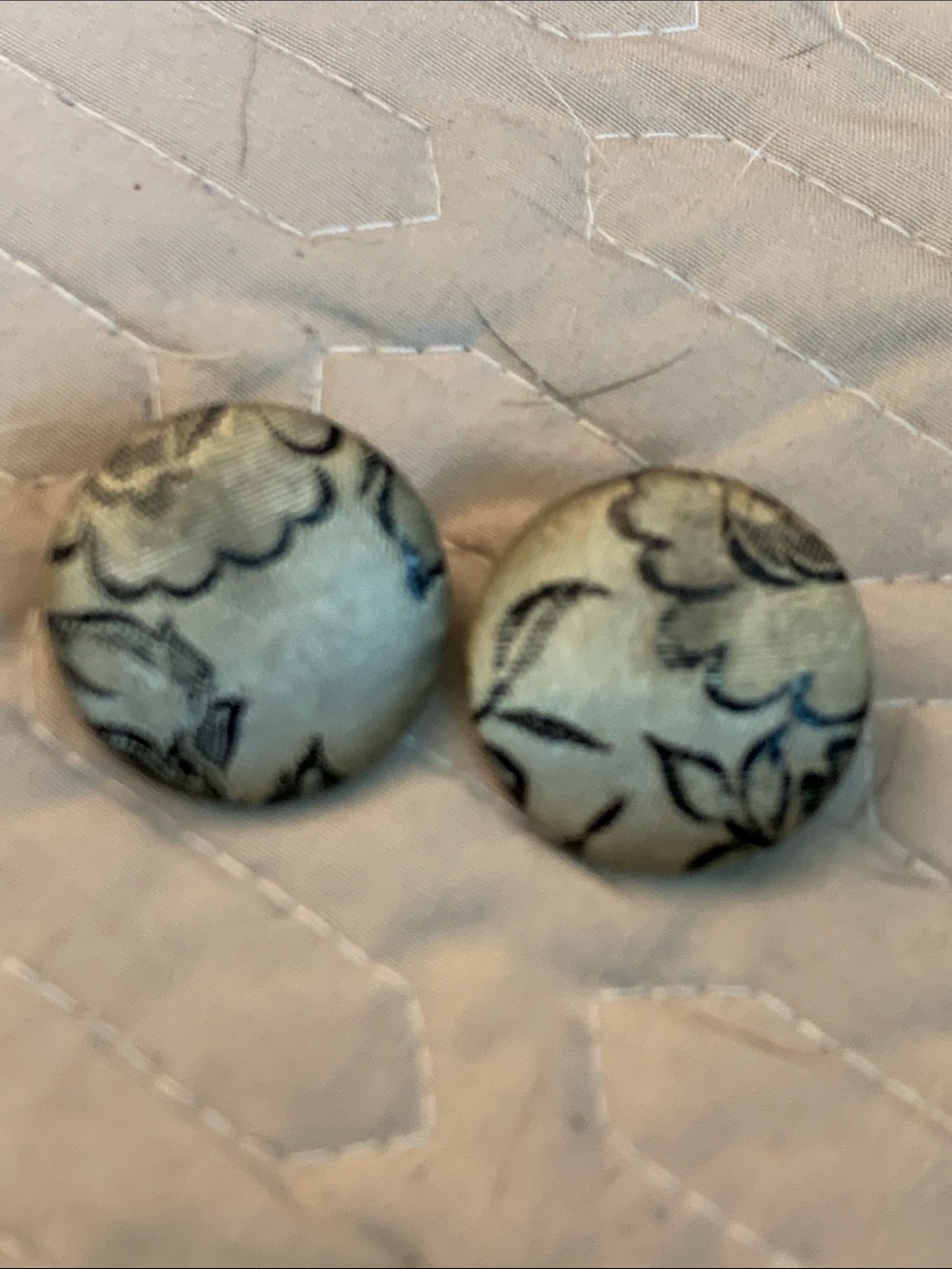 Vintage 60s Black Floral Fabric Button Earrings